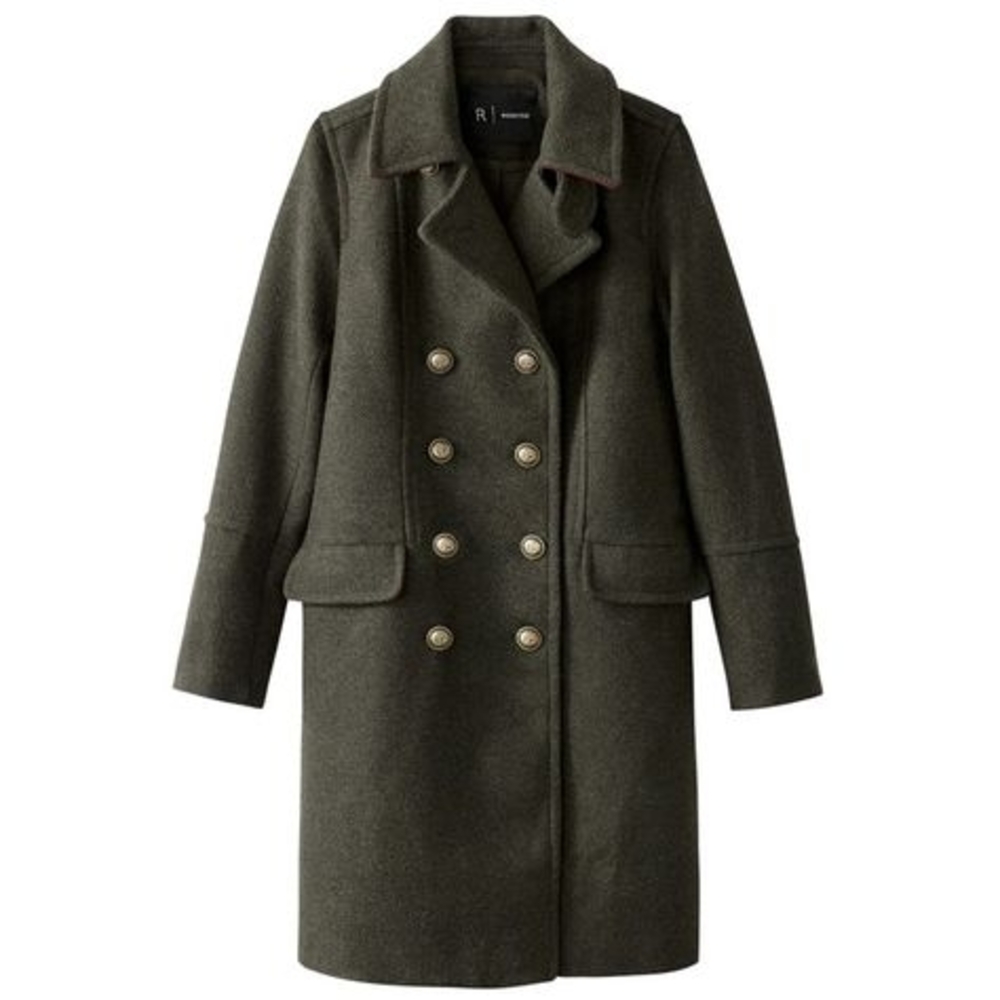 Green Double-Breasted Pea Coat with Wide Lapels